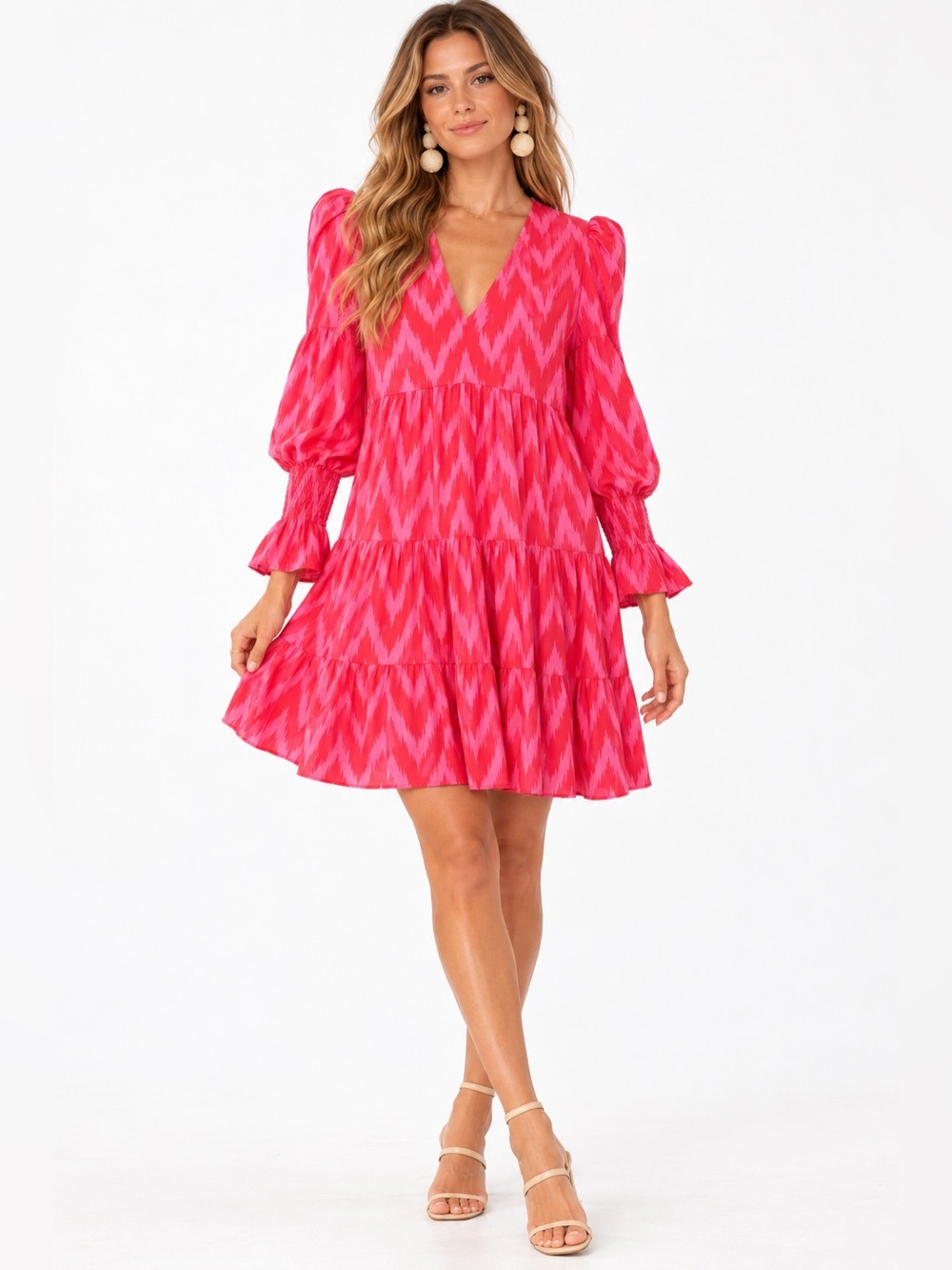 Tuckernuck Pomander Place Hot Pink and Orange Ikat Kenzo Dress V-neck Size Small